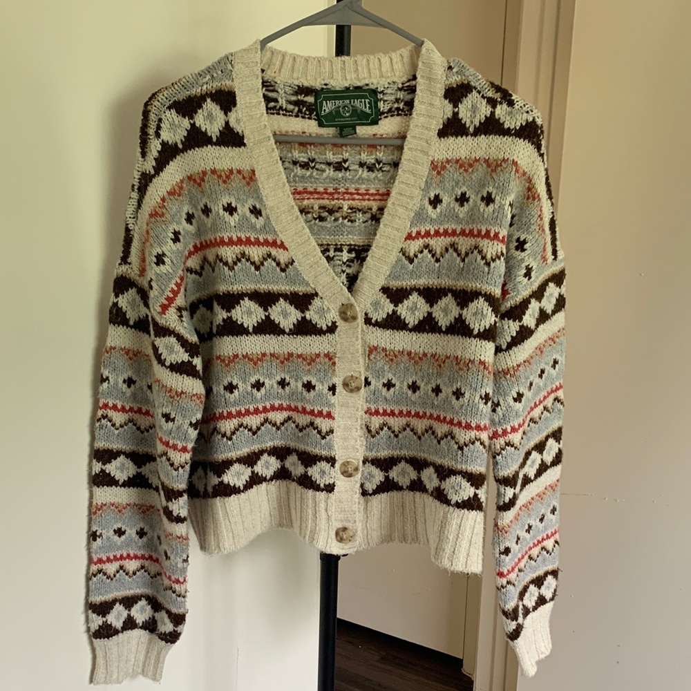 American Eagle Outfitters Cream Fair Isle Button-Front Women's Cardigan Sweater